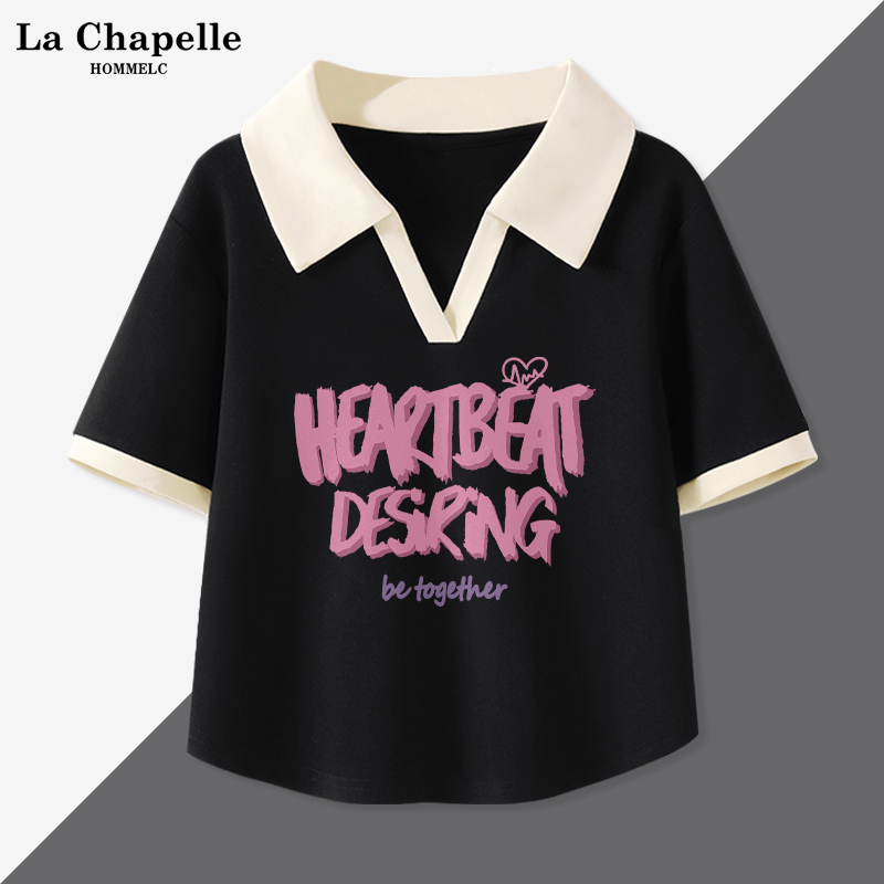 拉夏贝尔polo衫短袖t恤女夏季2025新款小个子v领上衣多巴胺穿搭J